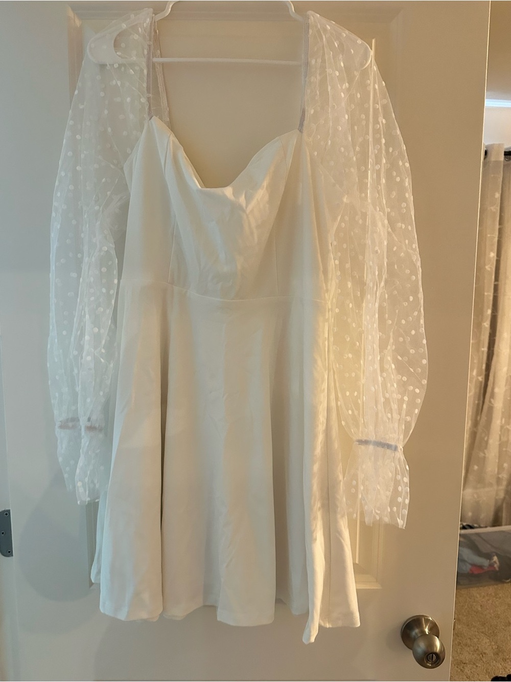 White Mini Dress with Sheer Polka Dot Puff Sleeves